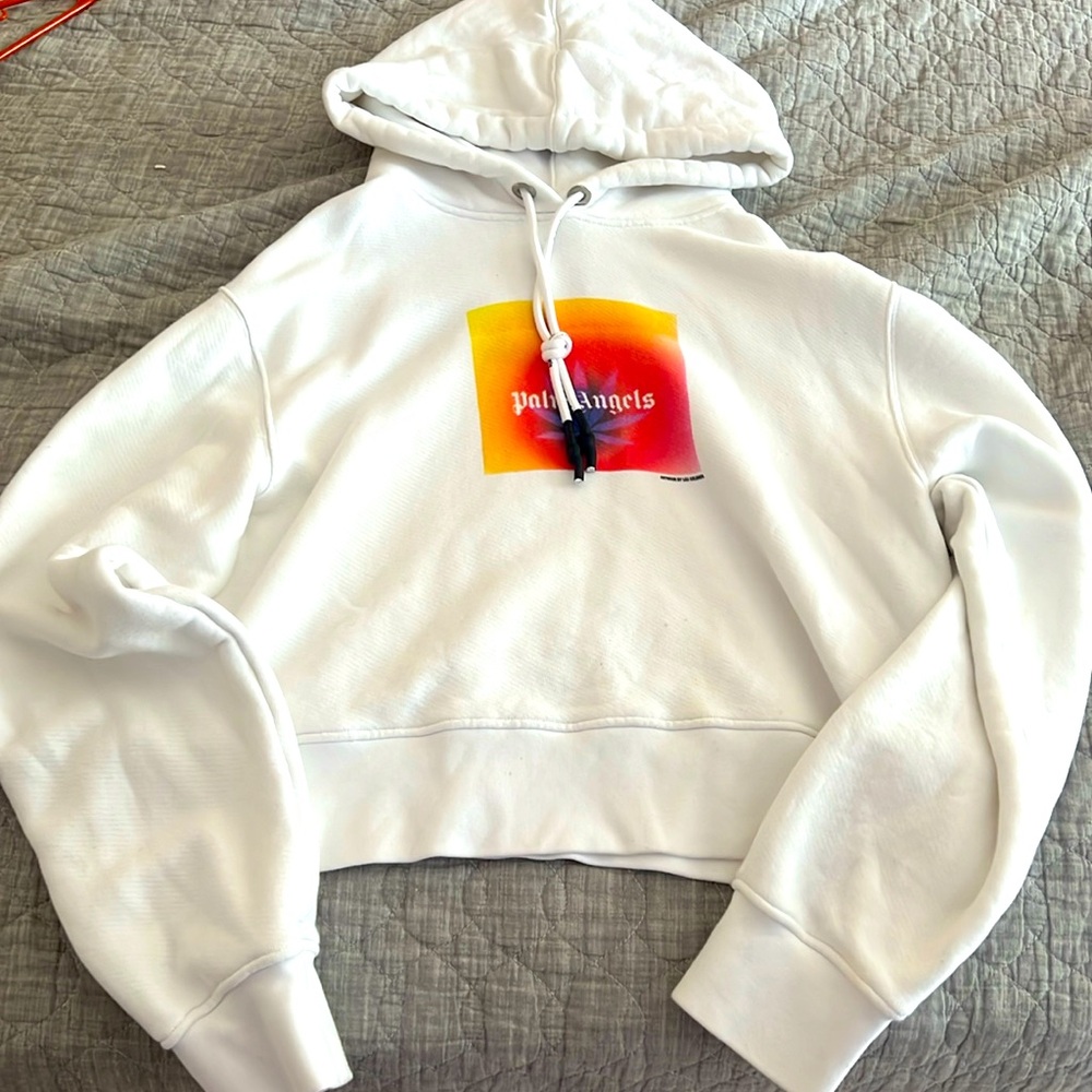 Palm angels white hoodie with leaf print artwork by Lea columbo